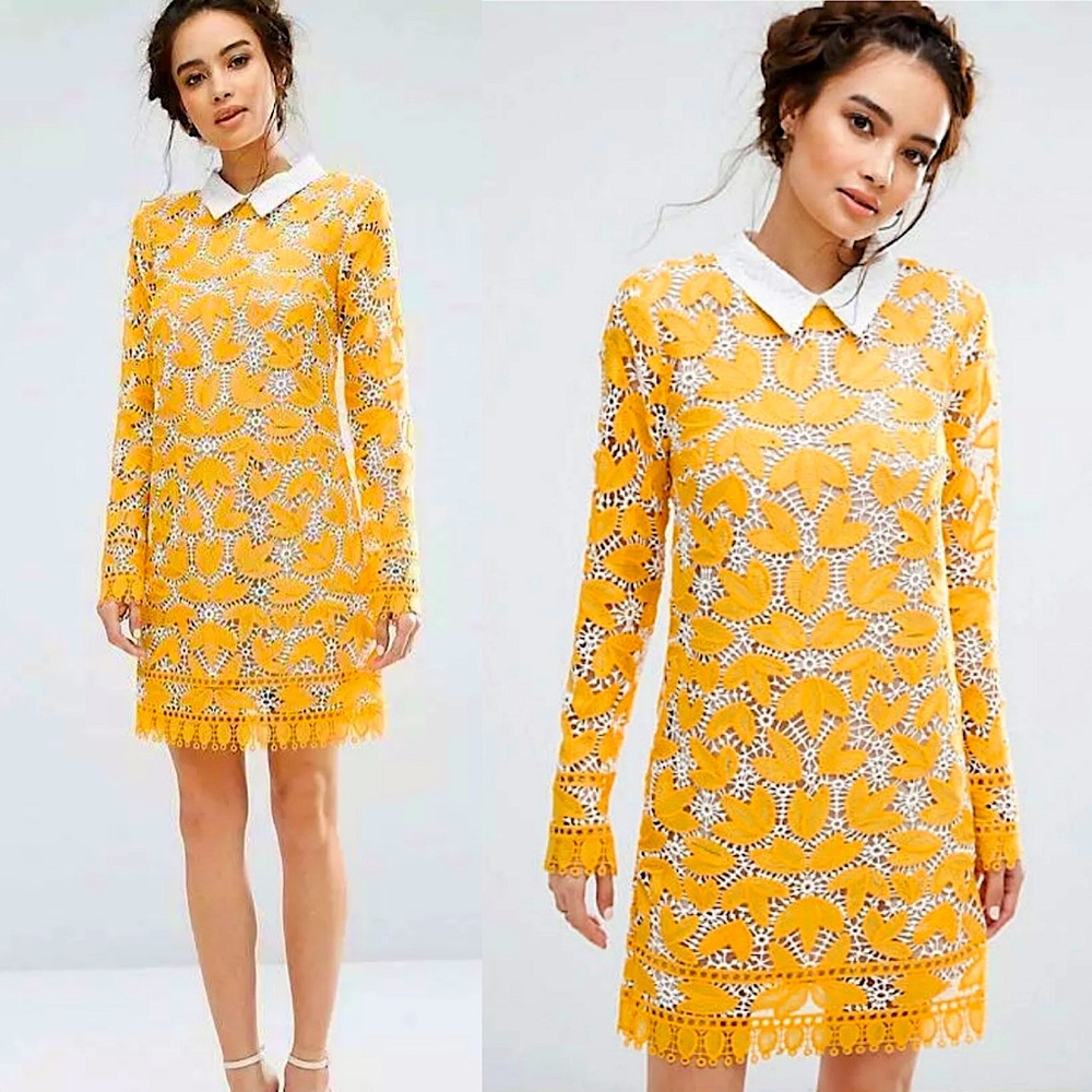 🆕ENDLESS ROSE🌼Yellow & White Lace Overlay Collared Dress Sz S